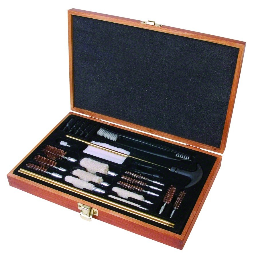 KIT PULIZIA - marca OUTERS - modello 70082 KIT PULIZIA 28-PZ UNI WOOD BOX - calibro 22-30 Rifle / 9-38-10-45 Pistol 410-28-12-Shotguns - misura 5PZ - PULIZIA E MANUTENZIONE - PULIZIA CANNE 6801